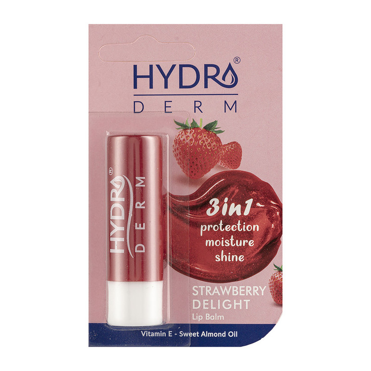 بالم لب مرطوبکننده هیدرودرم مدل STRAWBERRY DELIGHT بدون الکل و پارابن با عصاره توتفرنگی مناسب پوست خشک و حساس بانوان، بستهبندی ماتیکی و رنگ قرمز روشن