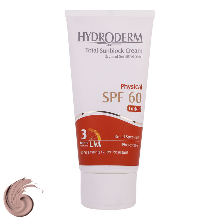کرم ضدآفتاب رنگی هیدرودرم SPF60 مدل Phisical Tinted مناسب پوستهای حساس، حجم 50 میلیلیتر