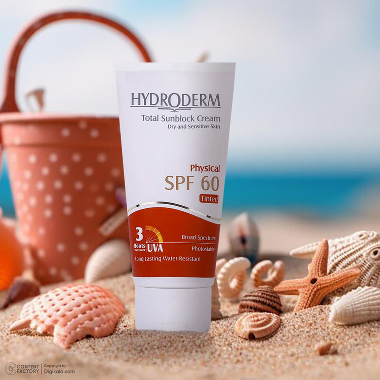 کرم ضدآفتاب رنگی هیدرودرم SPF60 مدل Phisical Tinted مناسب پوستهای حساس، حجم 50 میلیلیتر