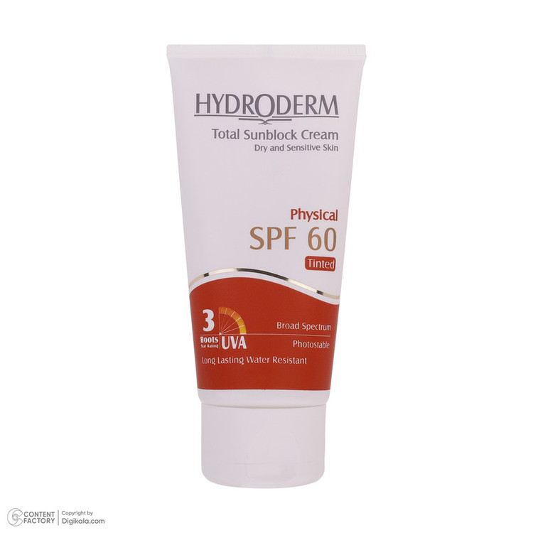 کرم ضدآفتاب رنگی هیدرودرم SPF60 مدل Phisical Tinted مناسب پوستهای حساس، حجم 50 میلیلیتر