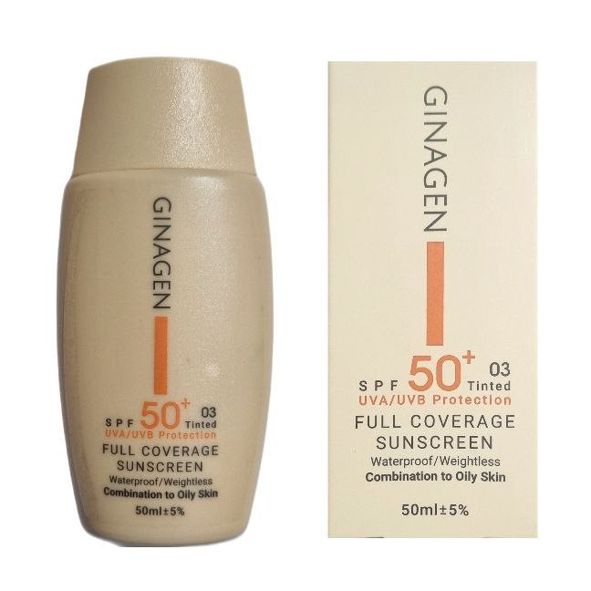 کرم ضد آفتاب رنگی ژیناژن SPF 50 مدل 03 مناسب پوستهای چرب حجم 50 میلیلیتر