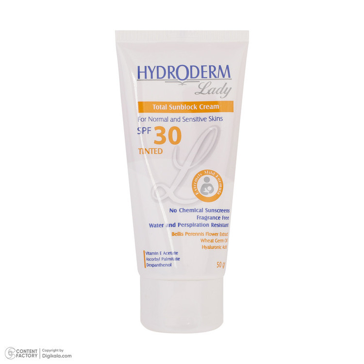 کرم ضدآفتاب رنگی هیدرودرم مدل SPF30، مناسب پوستهای معمولی و حساس، حجم 50 میلیلیتر