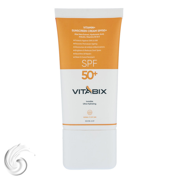 کرم ضد آفتاب بدون رنگ ویتابیکس SPF 50 مدل +Vitamin مناسب پوست خشک حجم 50 میلیلیتر محافظتکننده اشعه UVA و UVB، بدون تست حیوانی، با ماندگاری 2 ساعته